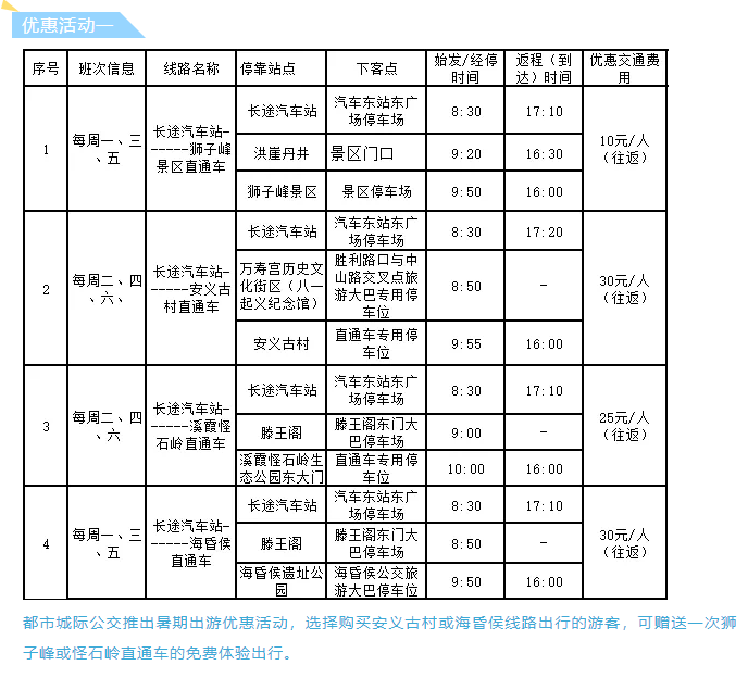 都市城際公交景區(qū)直通車(chē)暑期班次時(shí)刻表